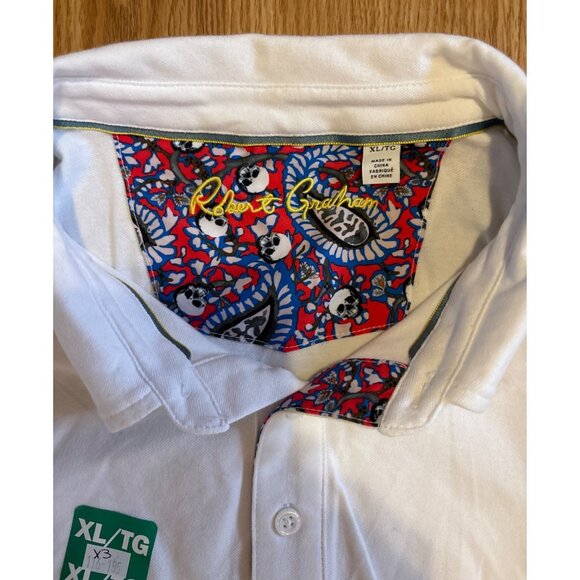 Robert Graham White Polo Shirt XL Short Sleeve Cotton Blend Colorful Collar Deta - Picture 2 of 4
